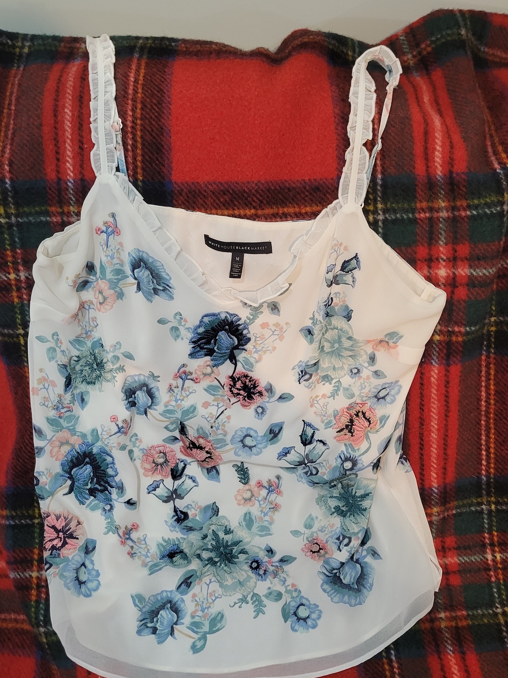 White House Black Market White Floral Ruffle-Trim Camisole
